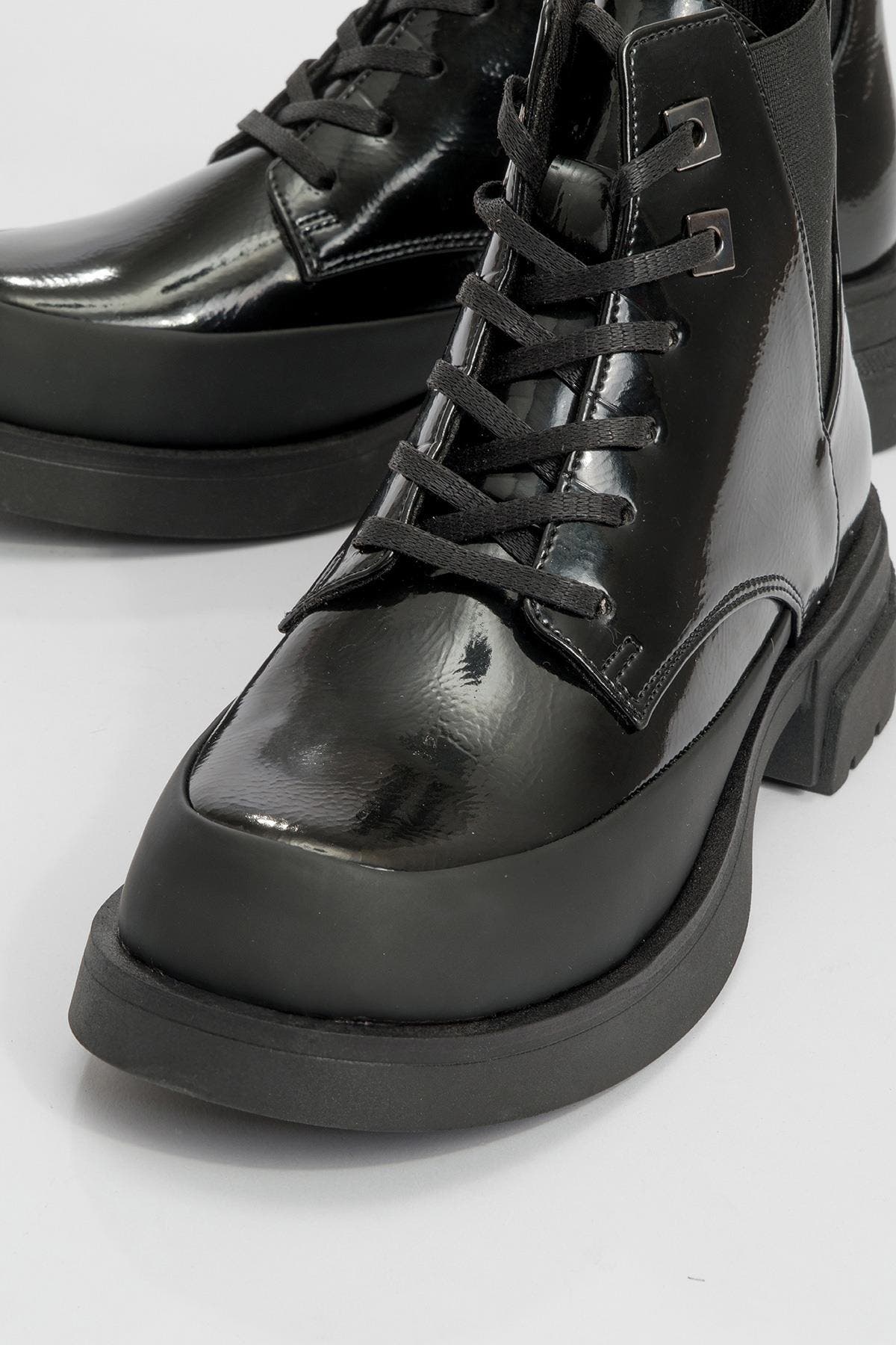 Prologue Shoes Challo Combat Boot, Alternate, color, Black Patent Faux Leather