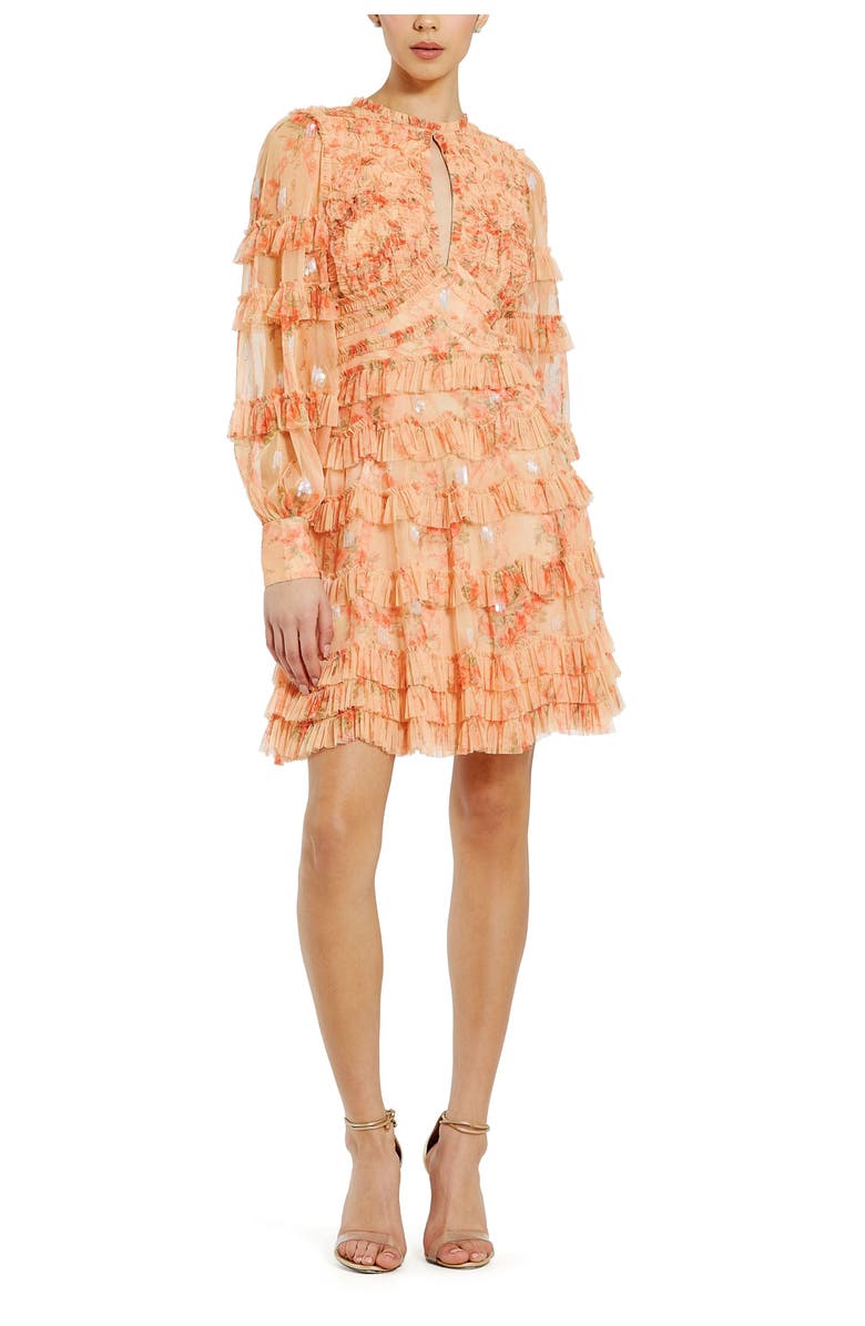 Mac Duggal Key Hole Detail Long Sleeve Dress, Main, color, Peach Multi