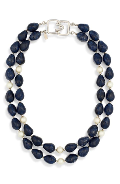 Synthetic Sapphire & Faux Pearl Necklace