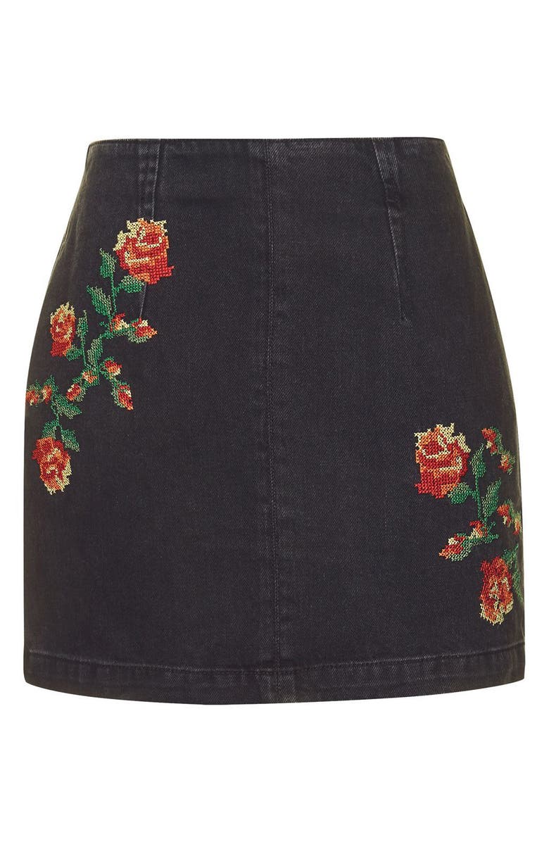 Topshop Moto Embroidered Denim Miniskirt, Alternate, color, 