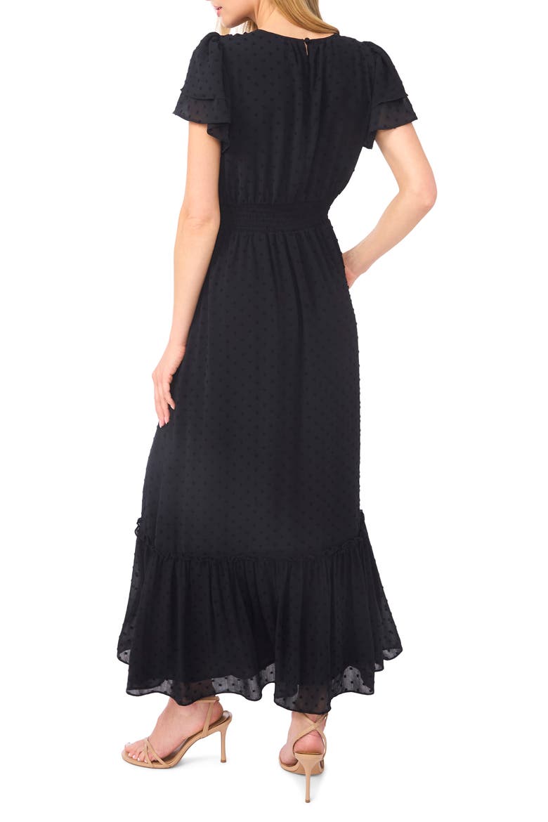 Flutter Sleeve Swiss Dot Chiffon Maxi Dress, Alternate, color, RICH BLACK