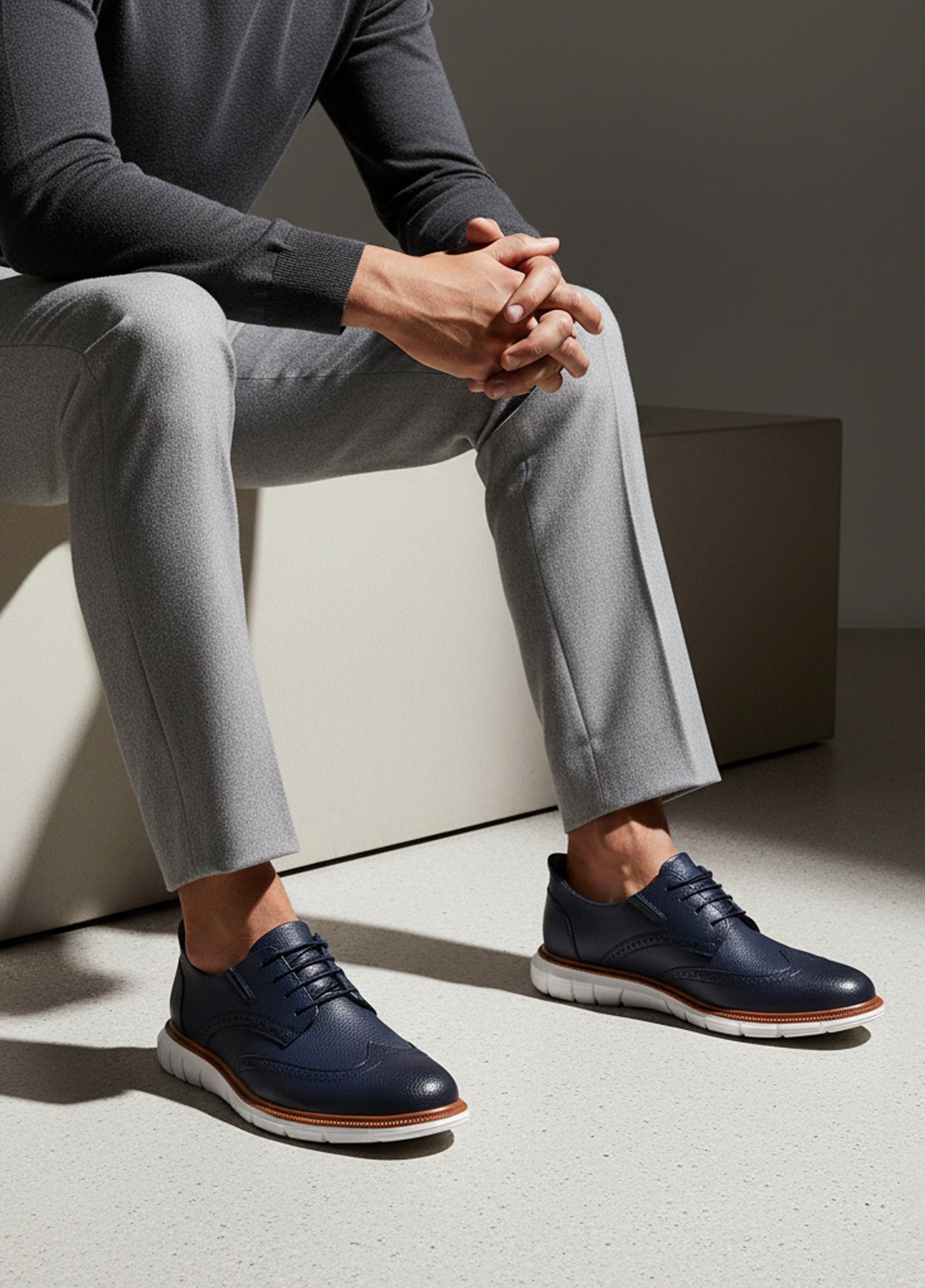 Marc Joseph New York Hill Street Hands Free Technology Leather Wingtip Casual Oxford, Alternate, color, Navy  Grainy Leather