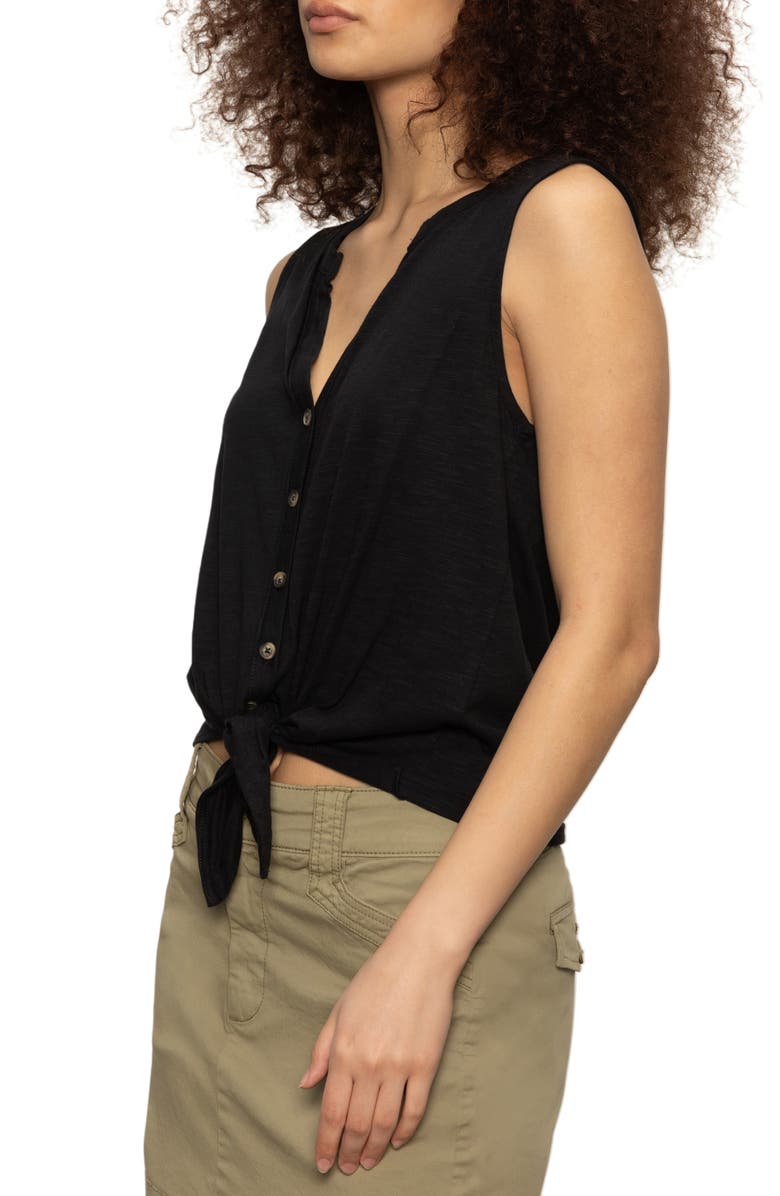 Sanctuary Tie Front Slub Jersey Button-Up Tank, Alternate, color, Black