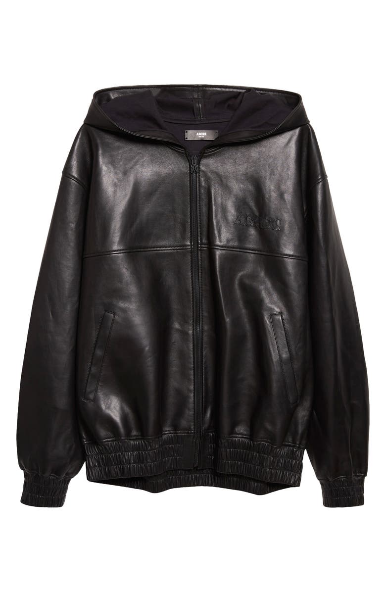 AMIRI Oversize Hooded Lambskin Leather Zip Jacket, Main, color, Black