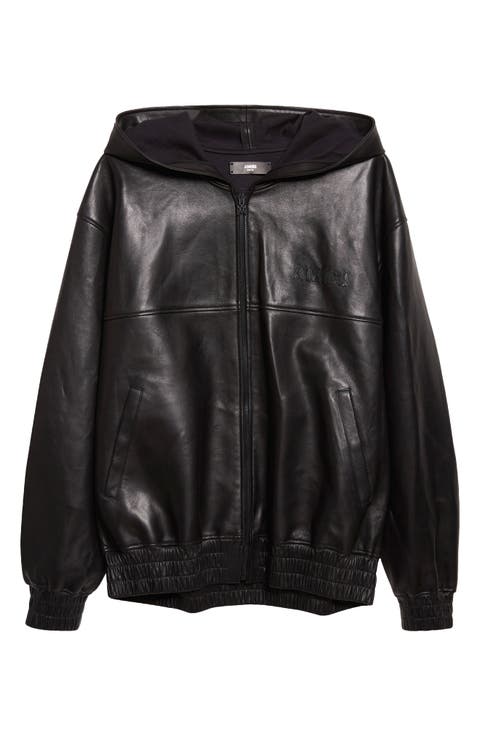 Oversize Hooded Lambskin Leather Zip Jacket