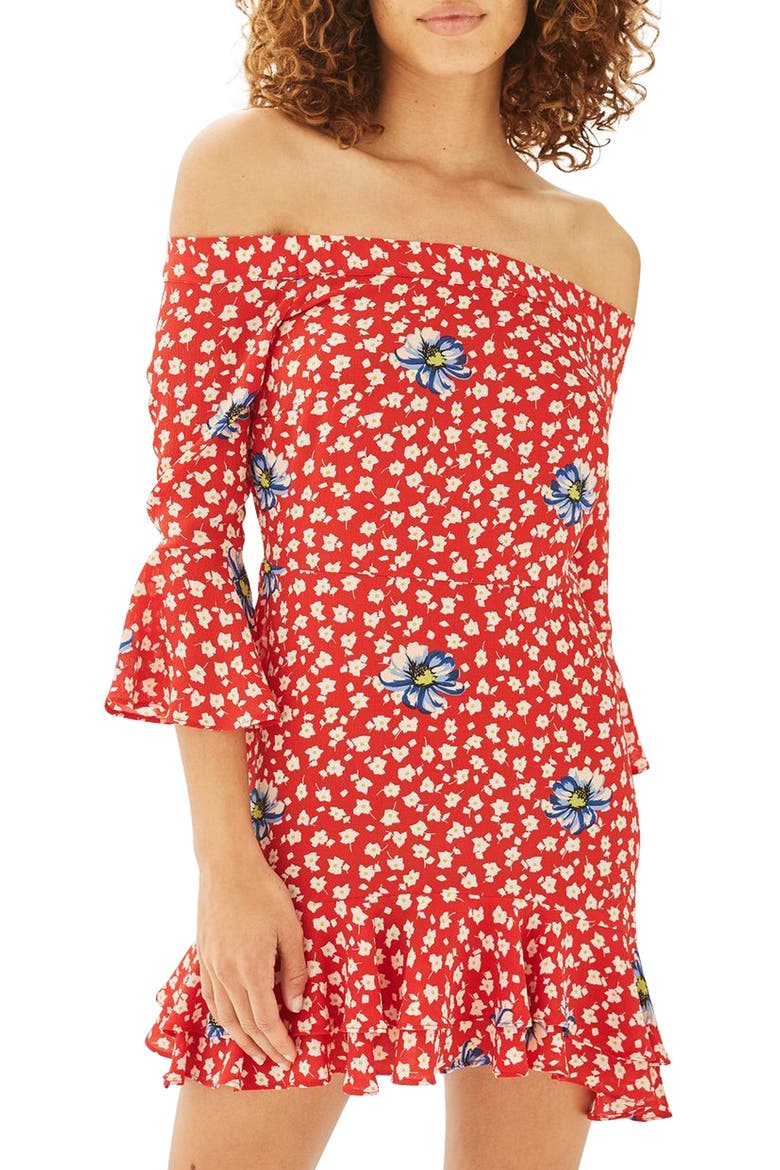 Bardot Floral Ruffle Dress, Main, color, RED MULTI