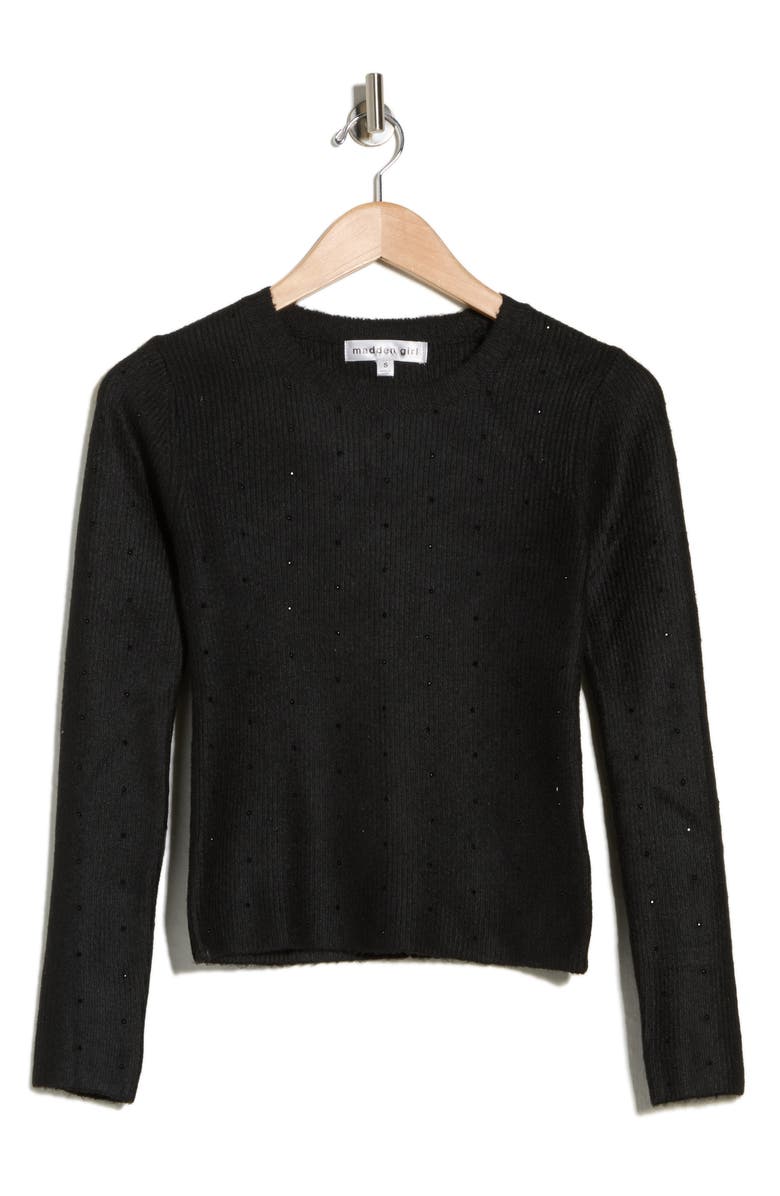Madden Girl Rhinestone Ribbed Crop Sweater, Main, color, Black Combo