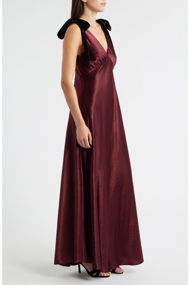 Holly Velvet Tie Hammered Satin Gown, Alternate, color, BURGUNDY