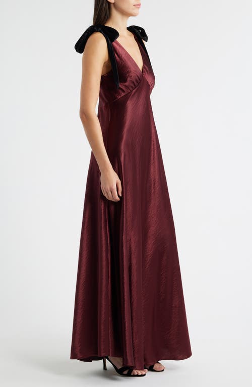 Lucy Paris Holly Velvet Tie Hammered Satin Gown In Burgundy