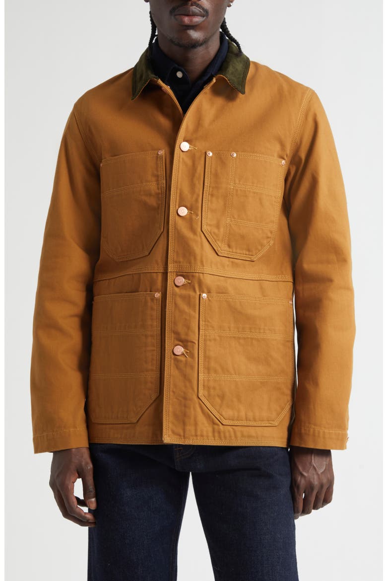Check Lined Cotton Canvas Welder Chore Jacket, Main, color, LIGHT BROWN