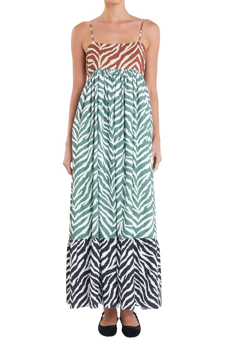 Colorblock Zebra Print Tiered Maxi Sundress, Alternate, color, BROWN MULTI