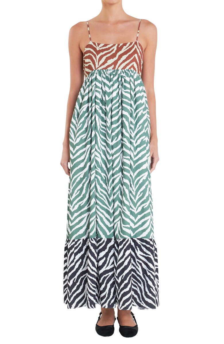English Factory Colorblock Zebra Print Tiered Maxi Sundress, Alternate, color, Brown Multi