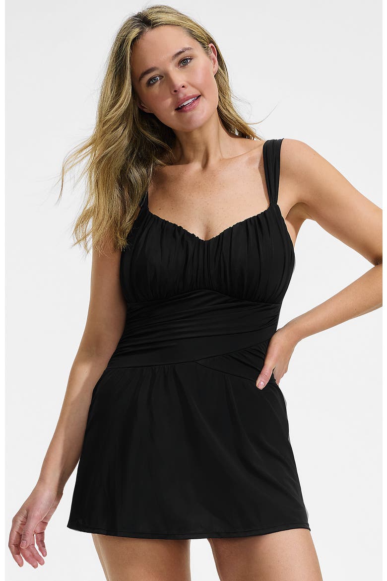 Slender Lite Sweetheart Shirred Swim Dress, Main, color, Black