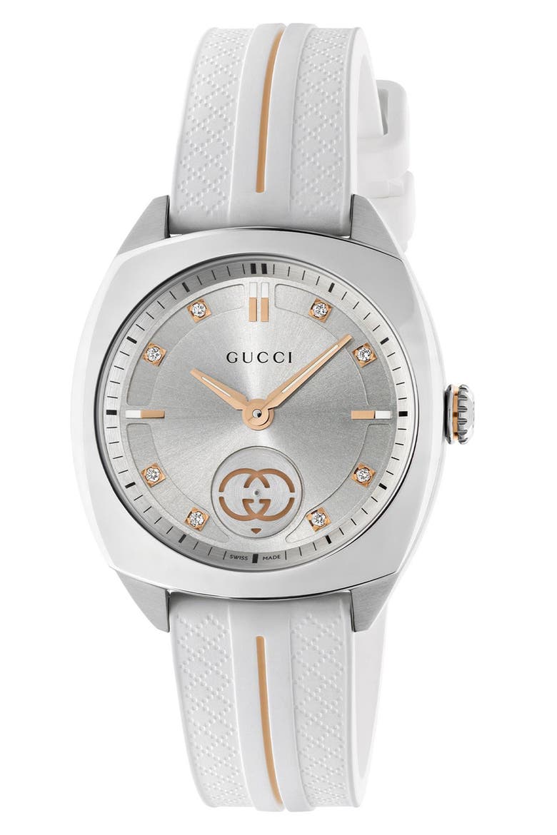 Interlocking G Diamond Rubber Strap Watch, 29mm, Main, color, WHITE