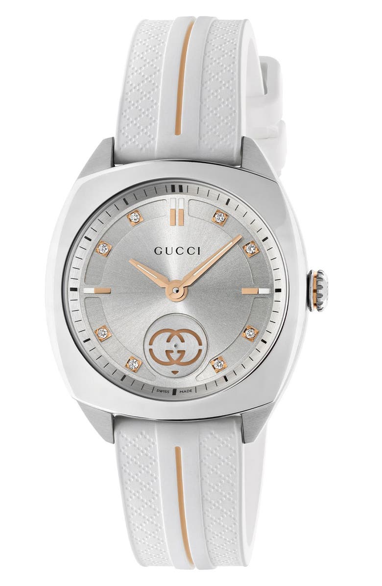 Gucci Interlocking G Diamond Rubber Strap Watch, 29mm, Main, color, White