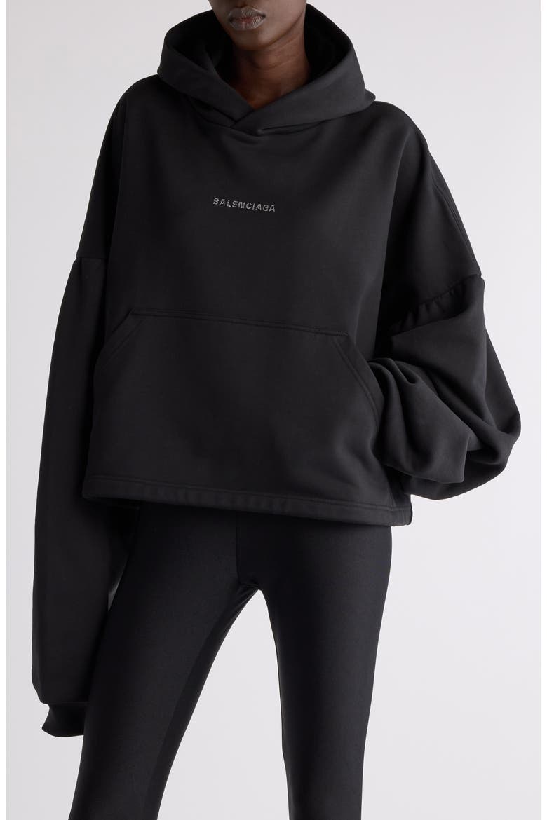 Crystal Logo Crop Cotton Archetype Fleece Hoodie, Main, color, 1000 BLACK