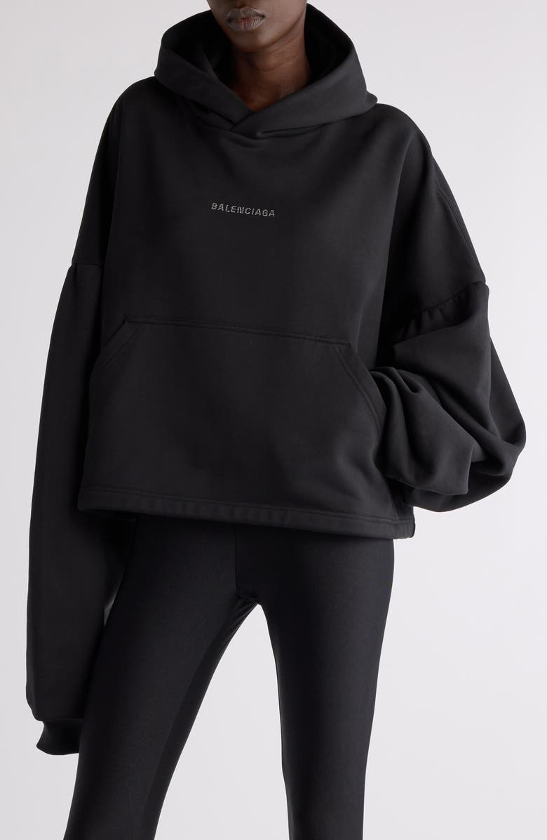 Balenciaga Crystal Logo Crop Cotton Archetype Fleece Hoodie, Main, color, 