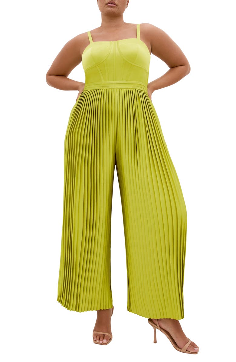City Chic Pleated Satin Jumpsuit, Main, color, Chartreuse