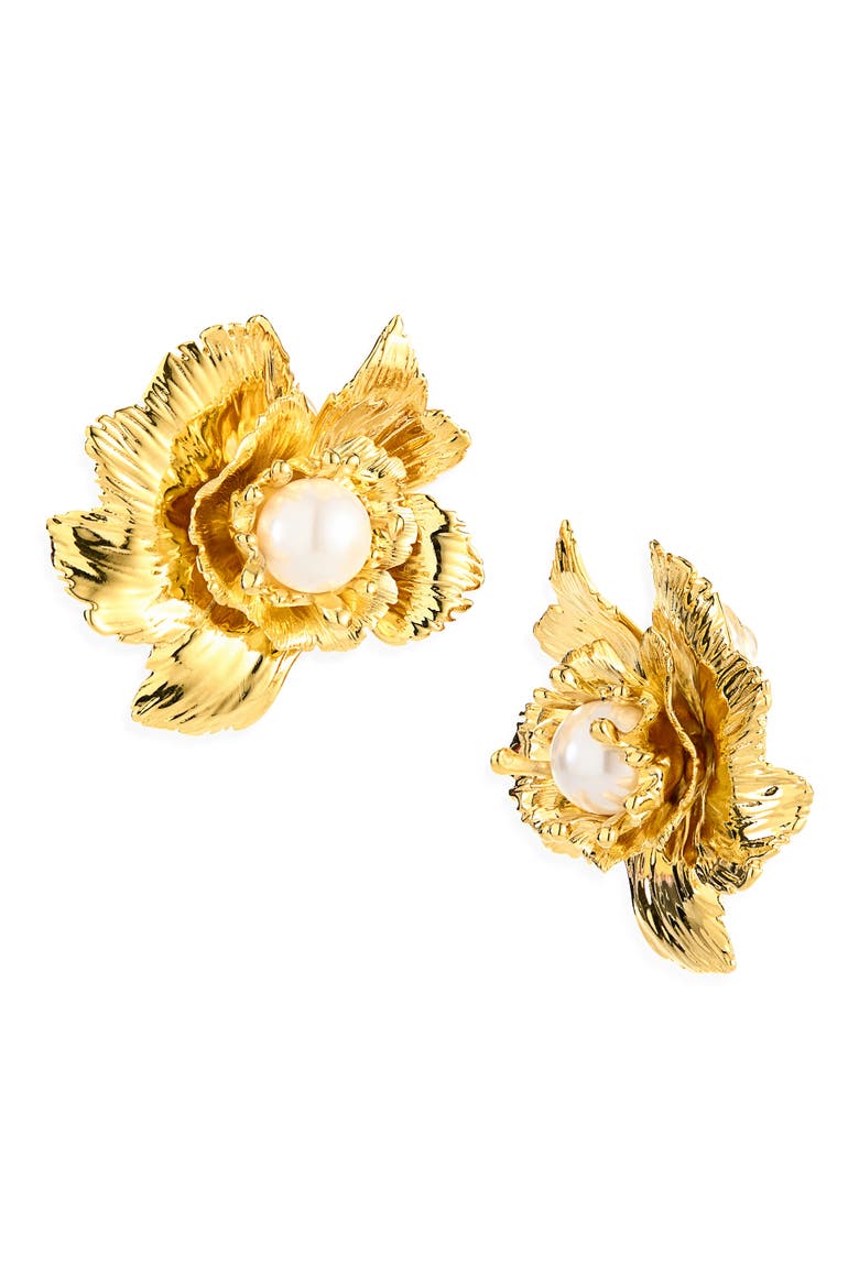 Wild Poppy Faux Pearl Clip-On Earrings, Main, color, GOLD