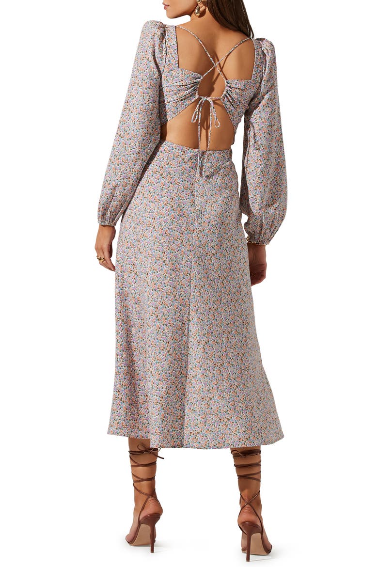 Floral Print Long Sleeve Back Cutout Midi Dress, Alternate, color, BLUE ORANGE DITSY