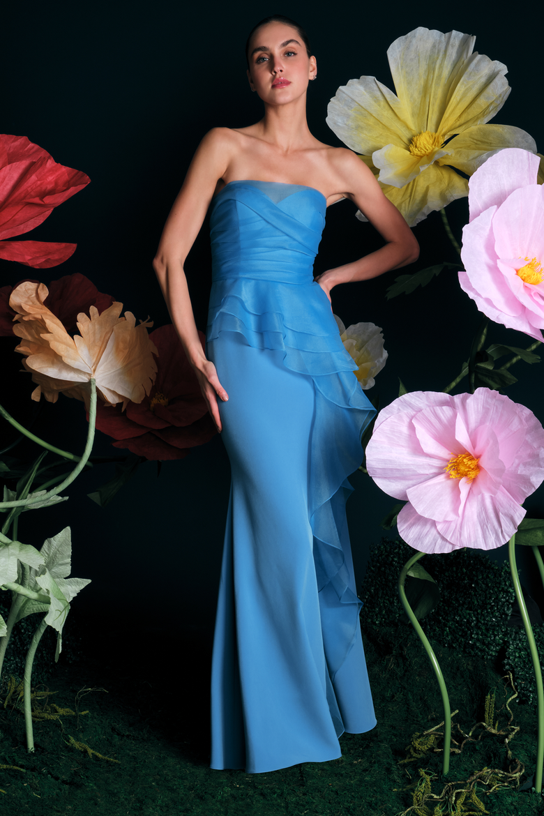 Morgan Crepe And Organza Gown, Alternate, color, Ocean Breeze Blue