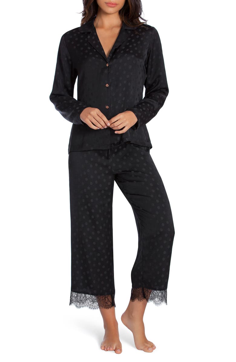Midnight Bakery Lace Trim Dot Satin Pajamas, Main, color, 