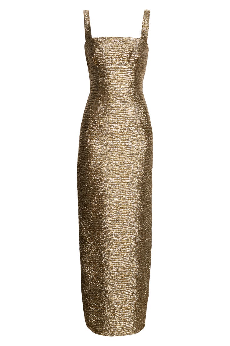 Micheline Metallic Seersucker Column Gown, Alternate, color, GOLD