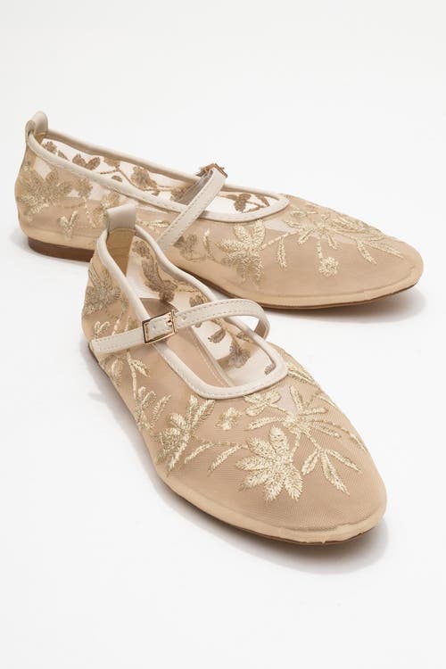 Prologue Shoes Juny Mesh Floral Embroidery Ballet Flat In Neutral