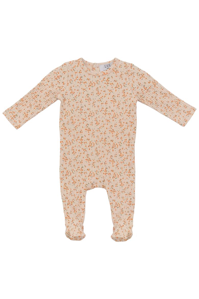 Boy Floral Cotton Rib Long Sleeve Snap Back Romper, Main, color, Orange