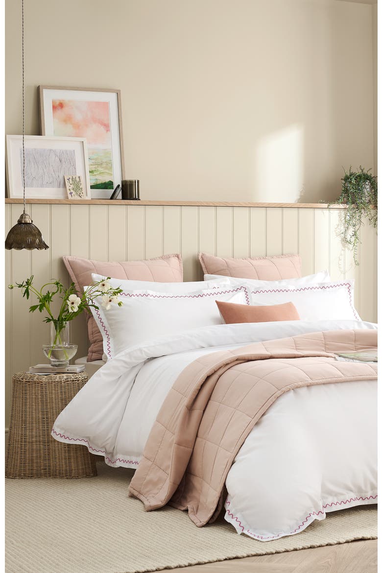 Wave Embroidered Edge Cotton Percale Duvet Cover Sets, Alternate, color, Rose Pink