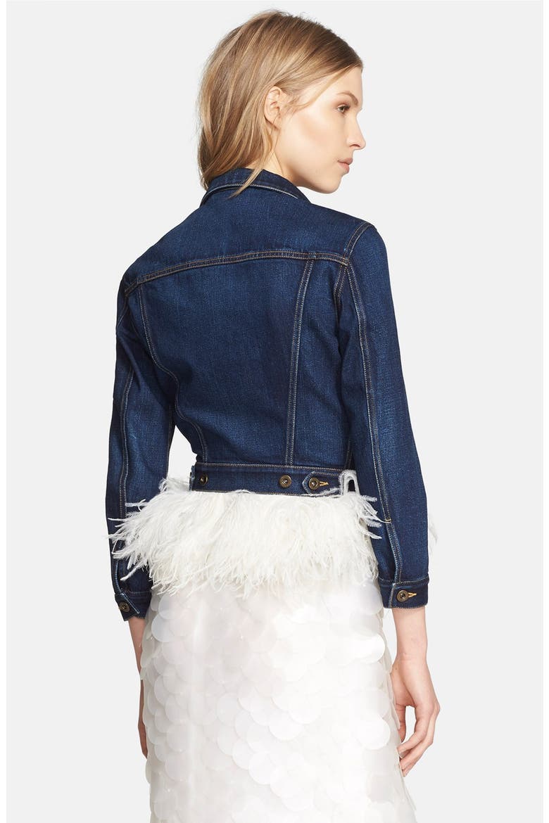 Ostrich Feather Hem Jean Jacket, Alternate, color, INDIGO