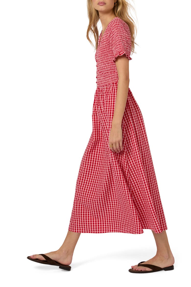 Eliza Gingham Smocked Bodice Organic Cotton Seersucker Midi Dress, Alternate, color, RED GINGHAM