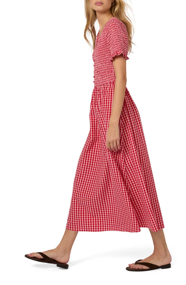 Nobody's Child Eliza Gingham Smocked Bodice Organic Cotton Seersucker Midi Dress, Alternate, color, Red Gingham