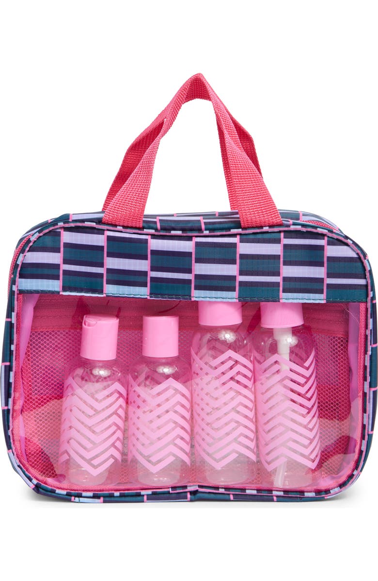 MYTAGALONGS Clear Toiletry Bag with 6 Bottles, Main, color, Teal/ Pink