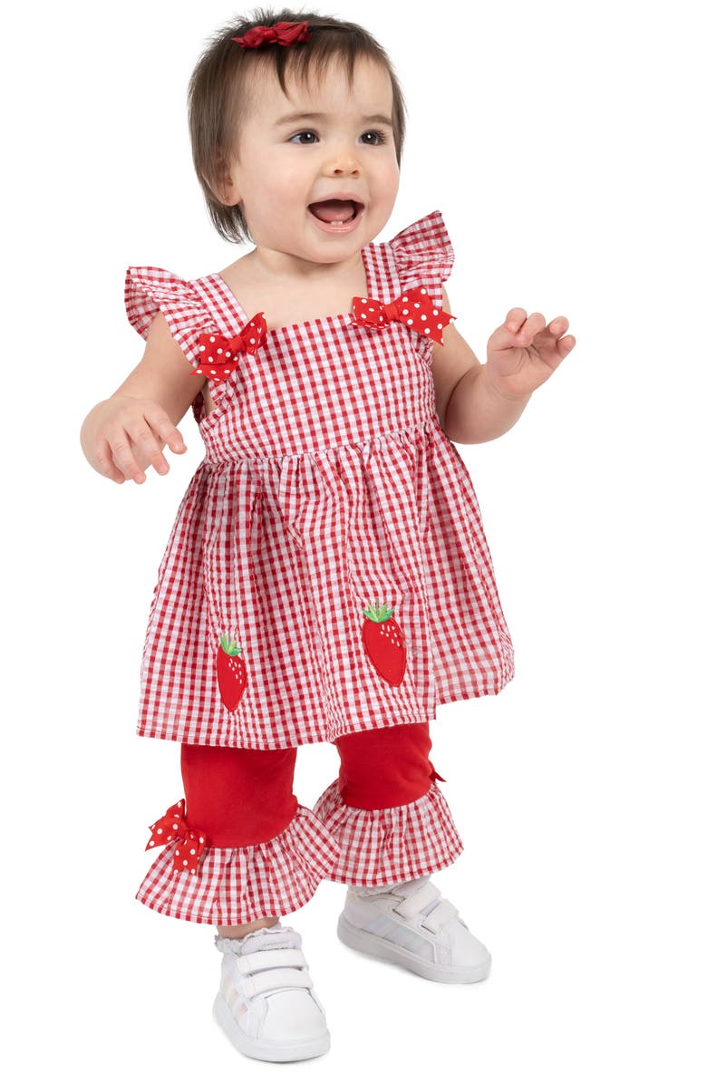 Rare Editions Strawberry Seersucker Top & Capri Leggings Set, Alternate, color, Red