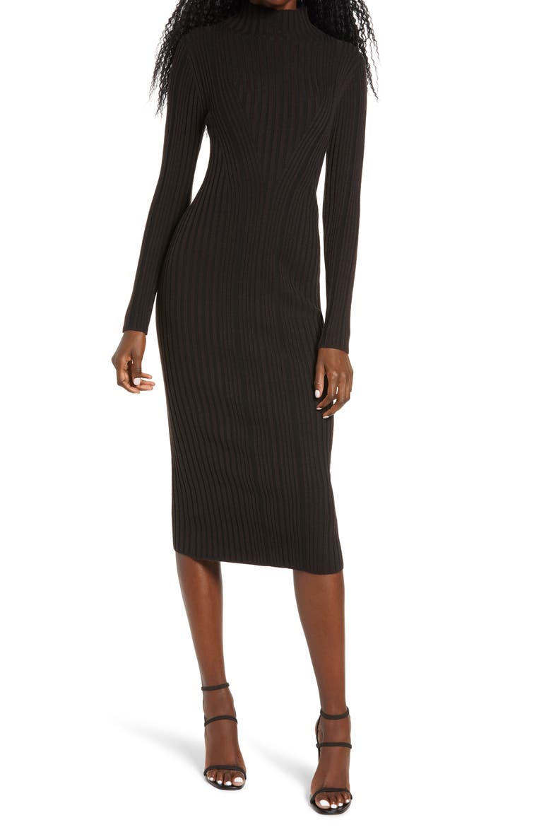 Jolie Rib Long Sleeve Knit Midi Dress, Main, color, CHOCOLATE TRUFFLE-BLACK