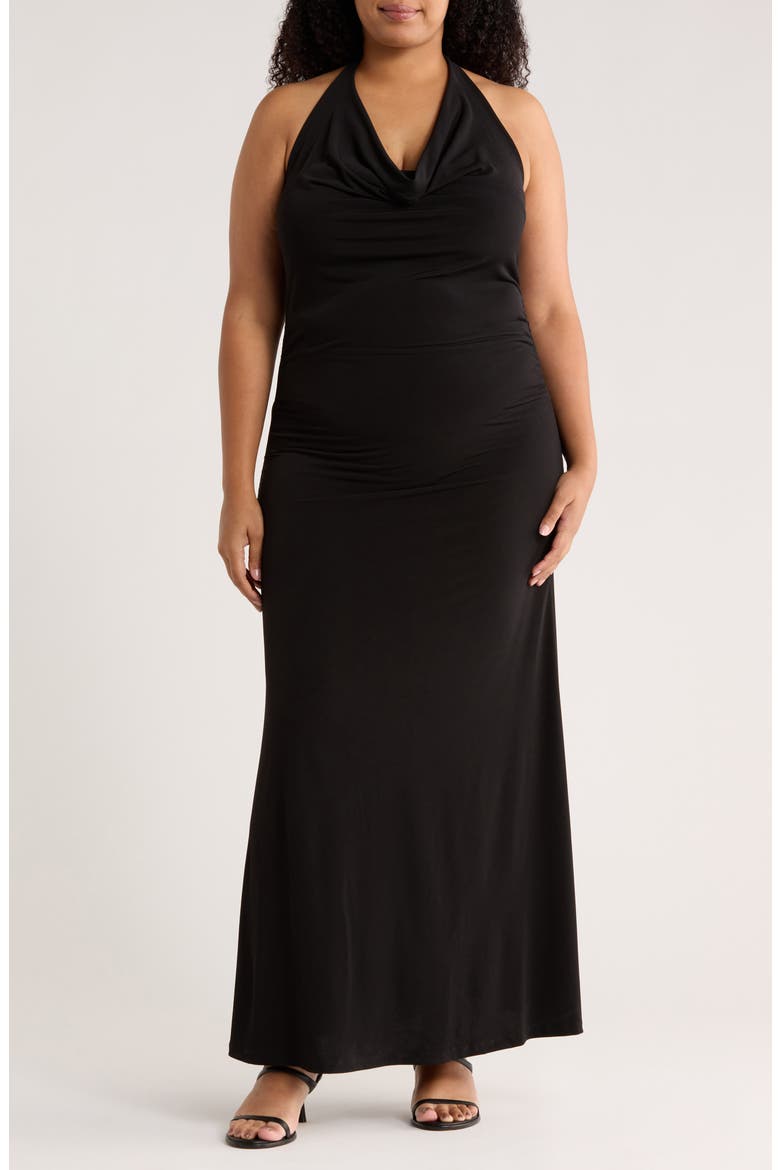 Ruched Back Halter Dress, Main, color, BLACK