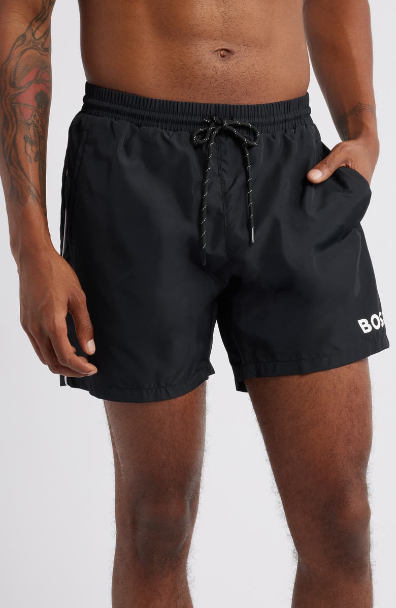 BOSS Starfish Logo Graphic Swim Trunks, Main, color, Black
