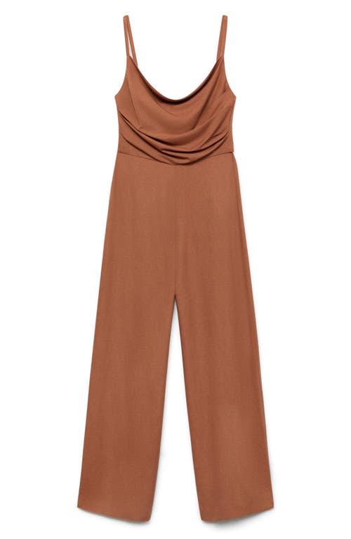 Mango Long Jumpsuit With Draped Neckline Brown In Brown
