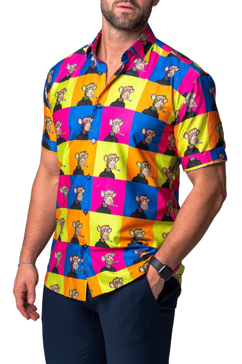 Galileo Ape Print Short Sleeve Cotton Button-Up Shirt, Alternate, color, YELLOW MULTI
