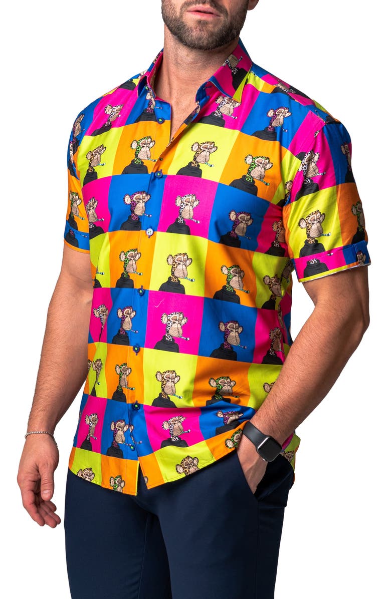 Maceoo Galileo Ape Print Short Sleeve Cotton Button-Up Shirt, Alternate, color, Yellow Multi