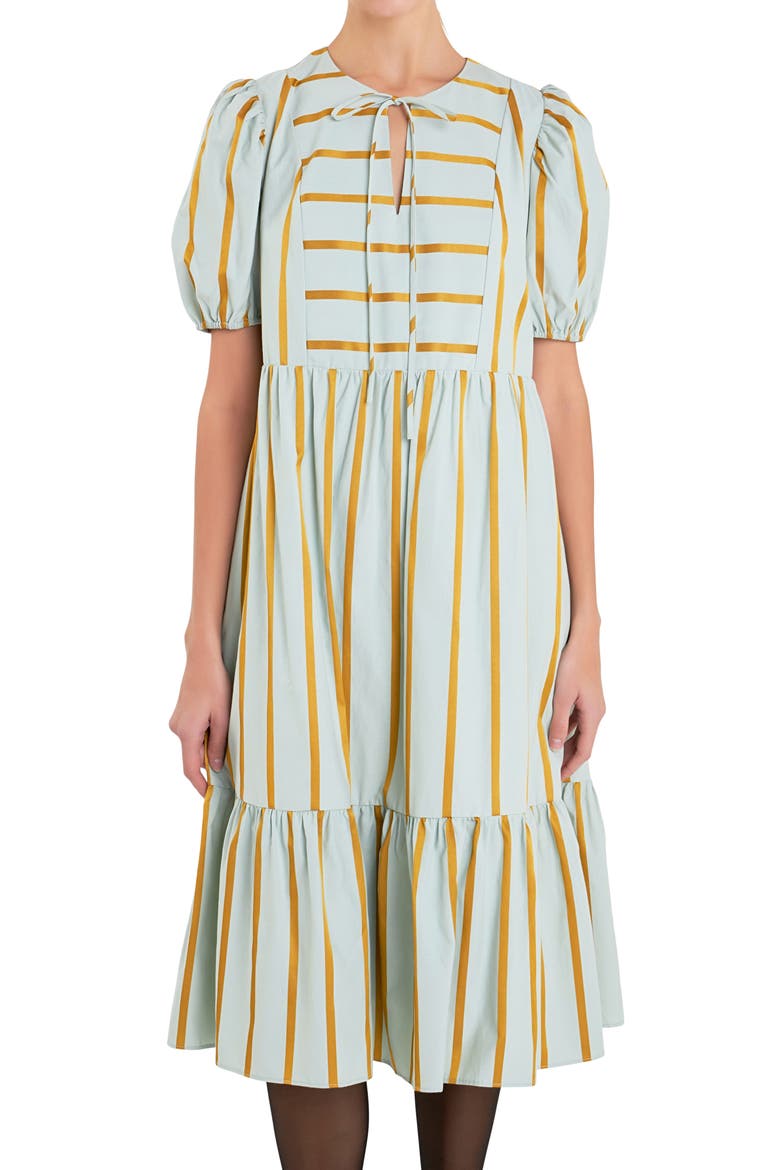 Stripe Puff Sleeve Midi Dress, Alternate, color, SAGE MULTI