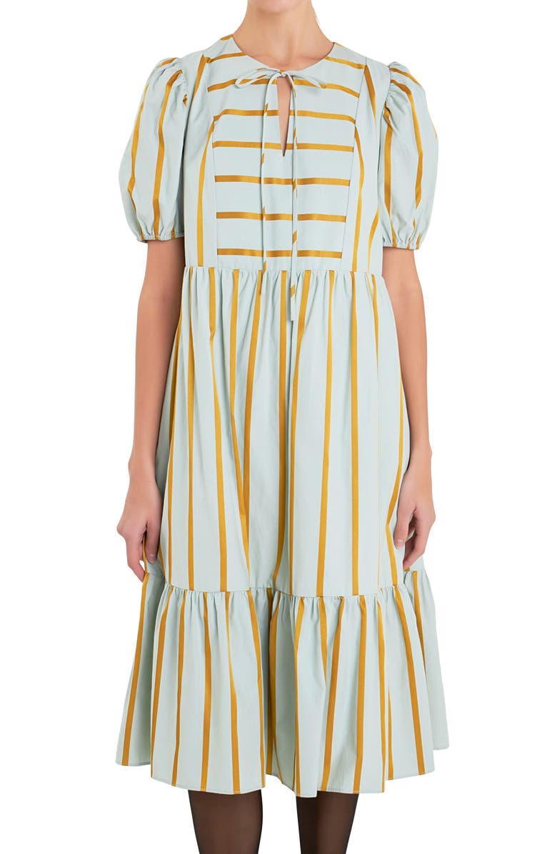 English Factory Stripe Puff Sleeve Midi Dress, Alternate, color, Sage Multi