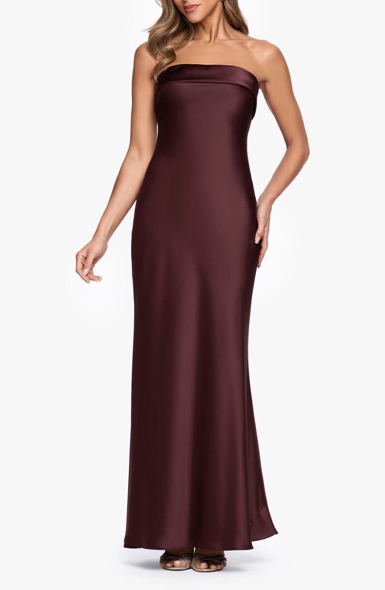 Xscape Evenings Strapless Satin Gown, Main, color, Chocolate