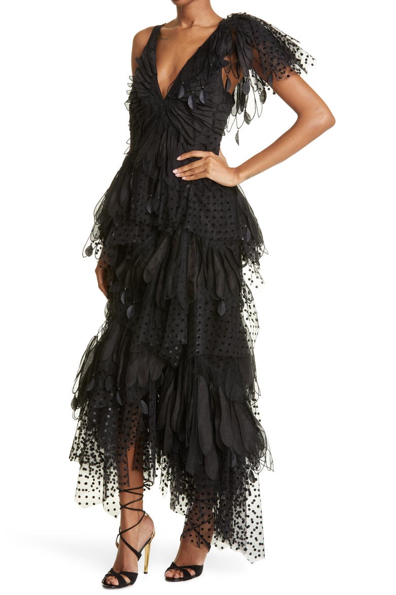 Rhythmic V-Neck Fluted Gown, Alternate, color, BLACK