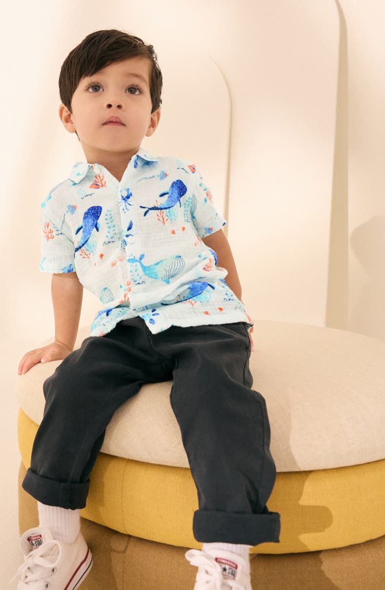 NEXT Kids' Sea Life Print Short Sleeve Cotton Button-Up Shirt, Alternate, color, 