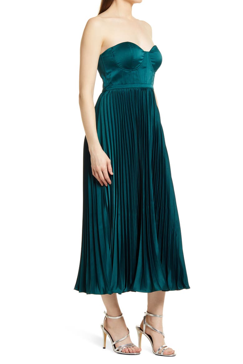 Milan Pleat Corset Satin Gown, Alternate, color, EMERALD GREEN