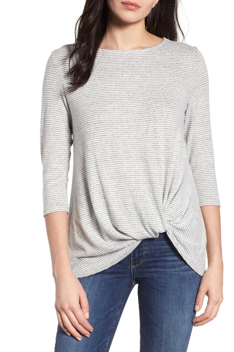 Gibson Twist Front Fleece Top, Main, color, GREY/ IVORY MINI STRIPE