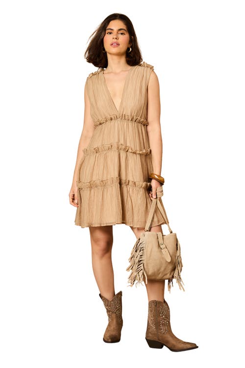 Oasis Tiered Detail V-Neck Mini Dress in Mocha 