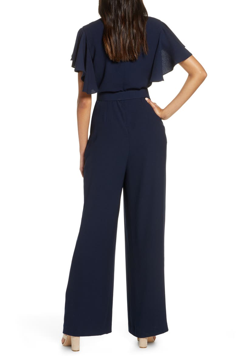 Flutter Sleeve Belted Satin Jumpsuit, Alternate, color, NAVY